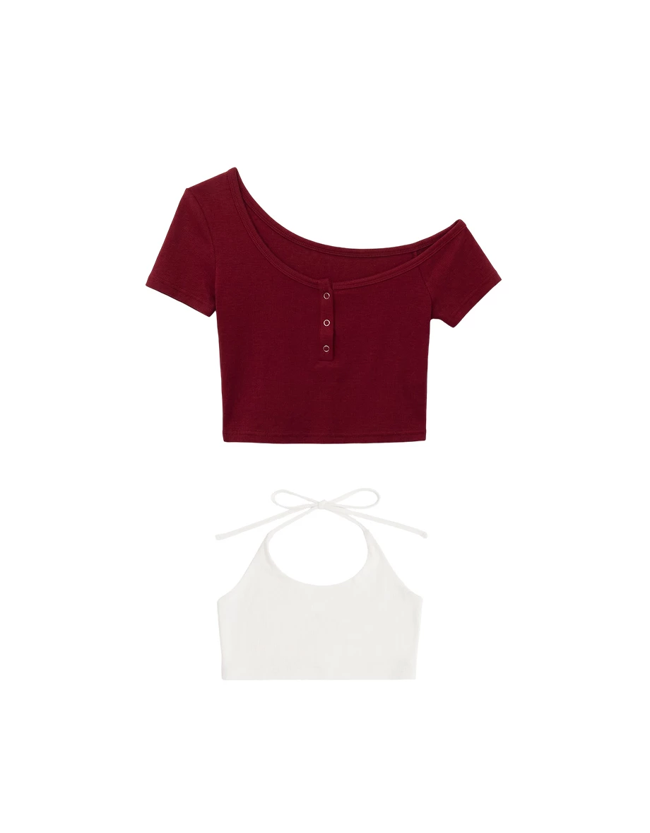 不對稱領壓扣短袖短版上衣繞頸綁帶BRA背心套裝