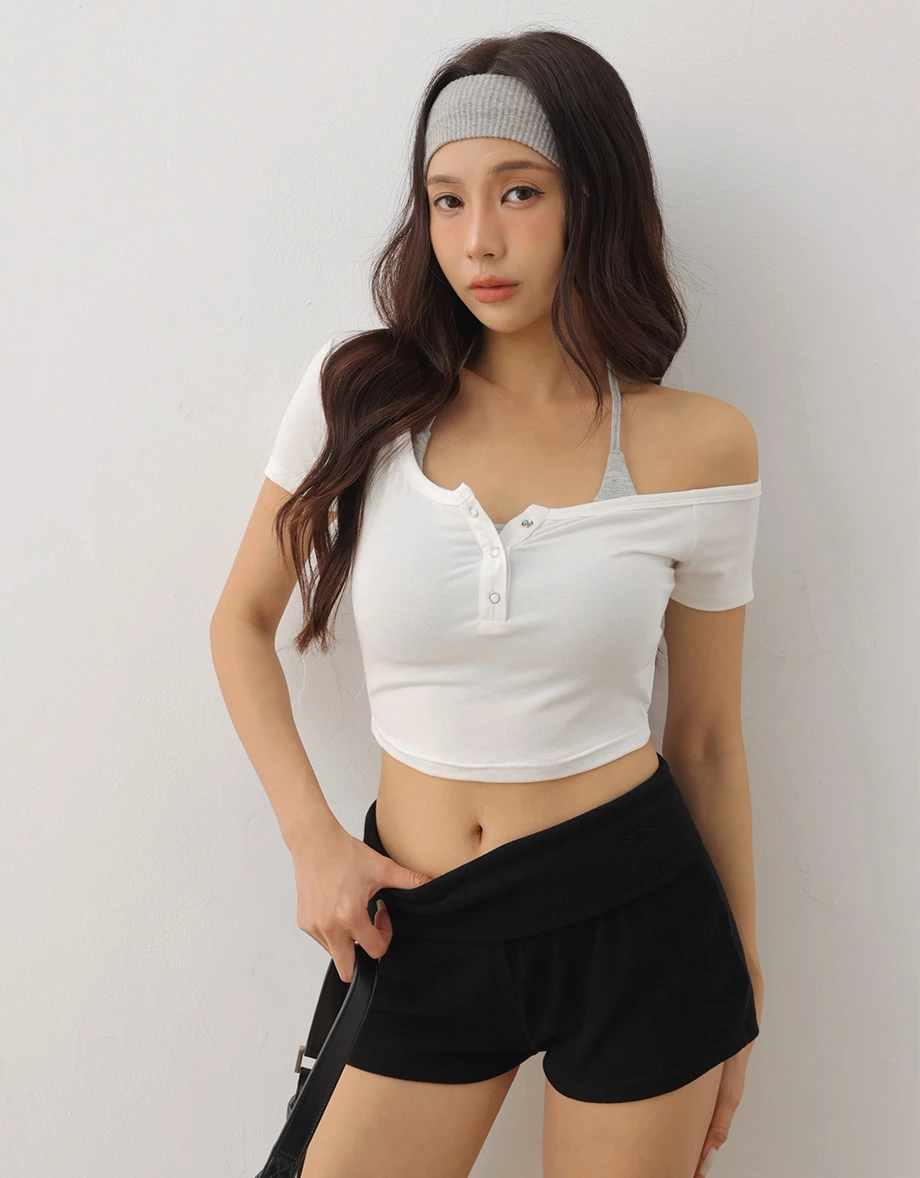 不對稱領壓扣短袖短版上衣繞頸綁帶BRA背心套裝