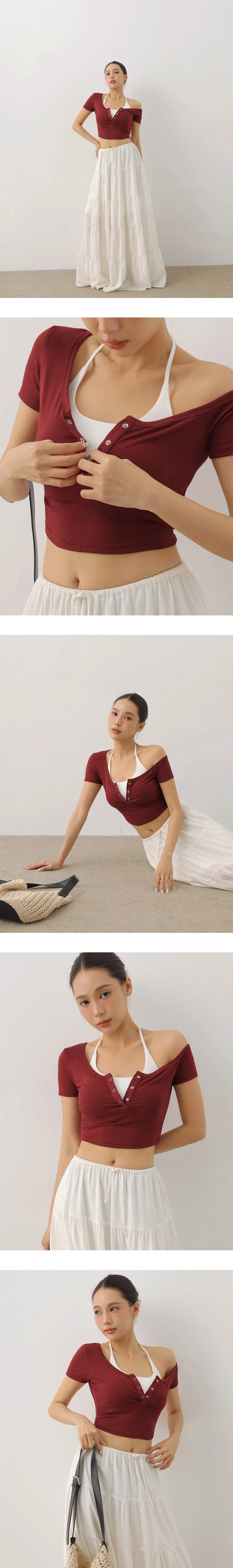 不對稱領壓扣短袖短版上衣繞頸綁帶BRA背心套裝