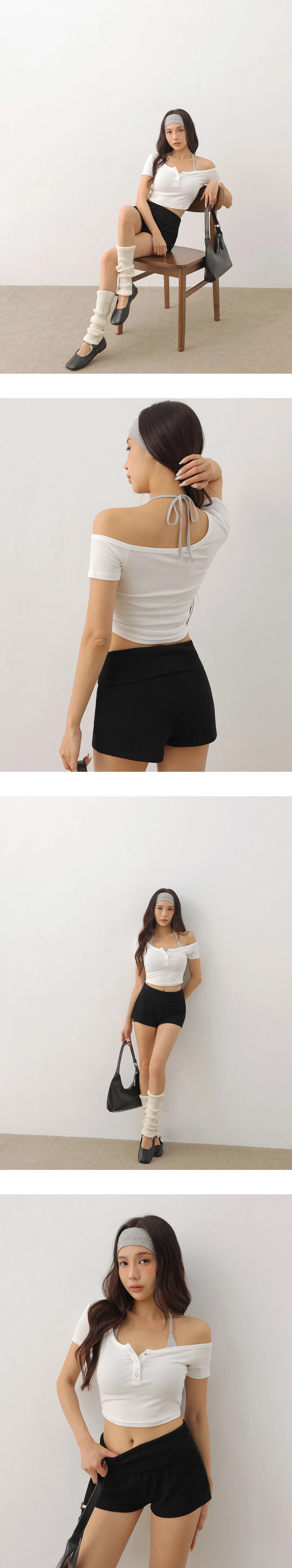 不對稱領壓扣短袖短版上衣繞頸綁帶BRA背心套裝