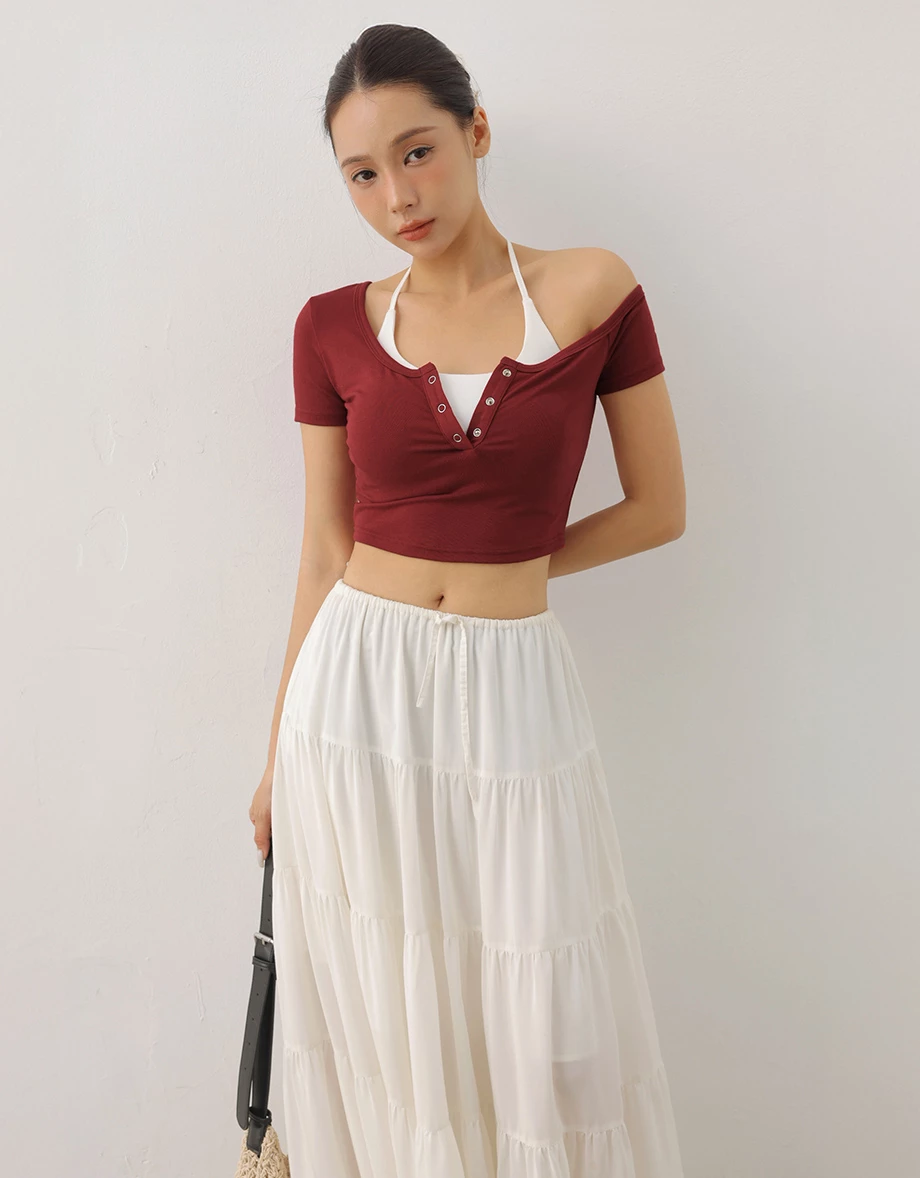 不對稱領壓扣短袖短版上衣繞頸綁帶BRA背心套裝