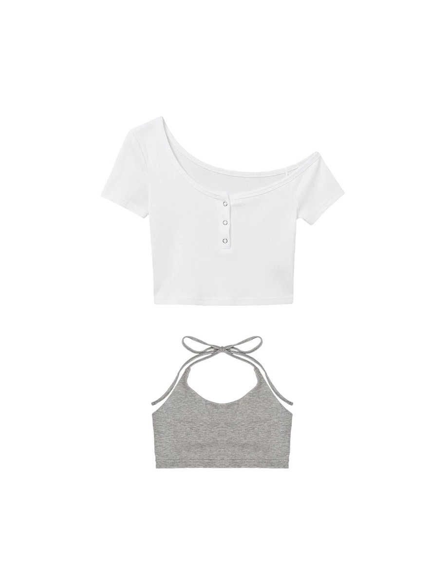 不對稱領壓扣短袖短版上衣繞頸綁帶BRA背心套裝