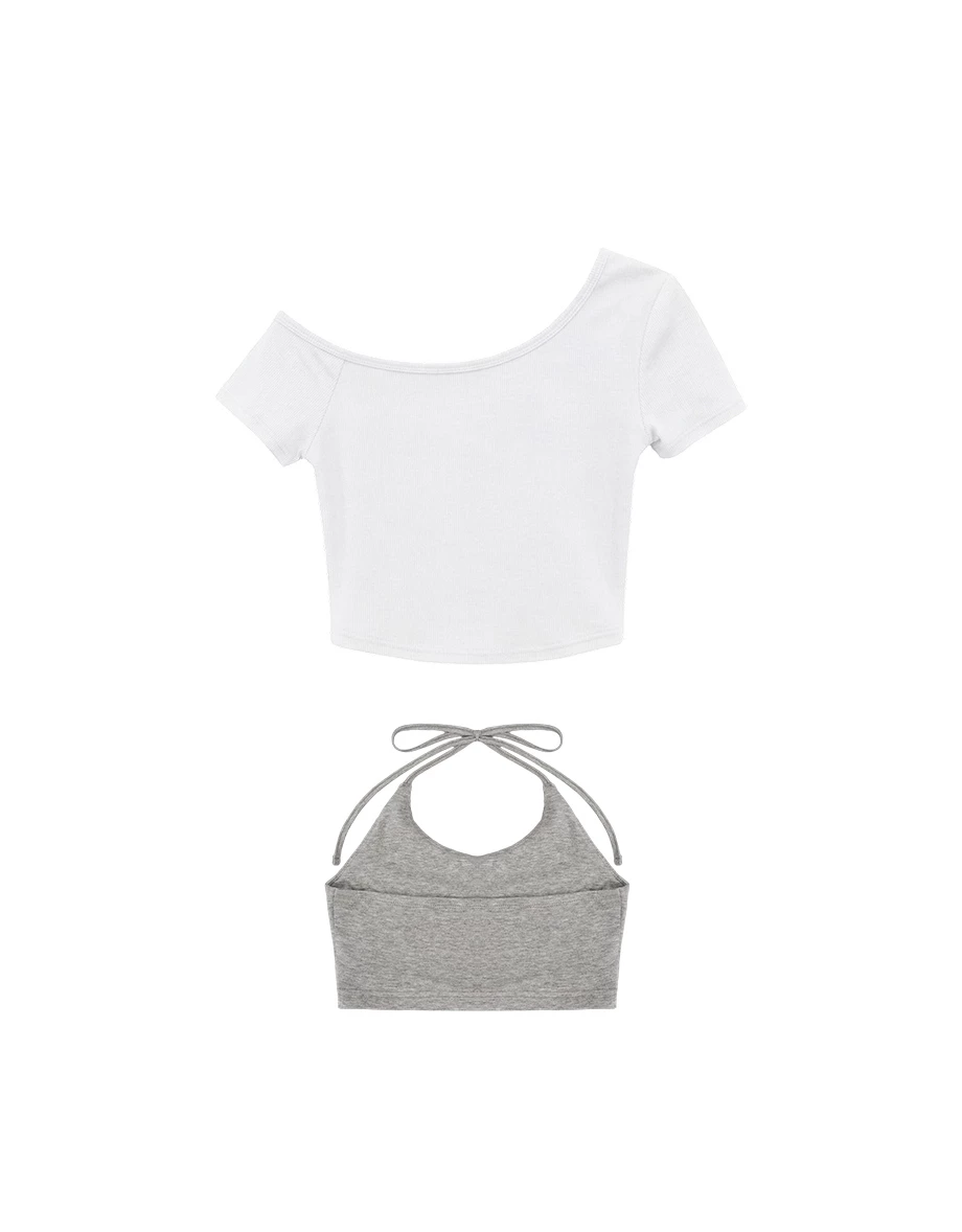 不對稱領壓扣短袖短版上衣繞頸綁帶BRA背心套裝