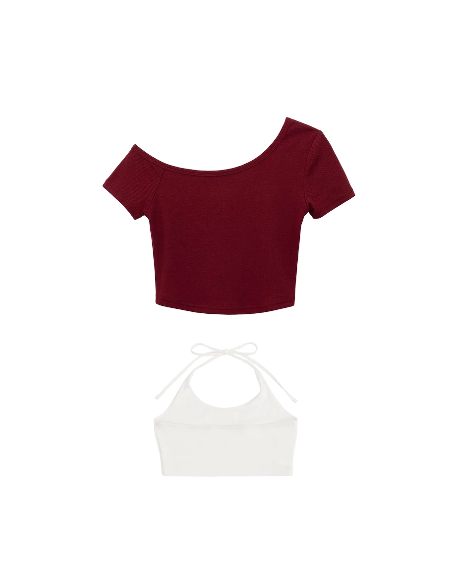 不對稱領壓扣短袖短版上衣繞頸綁帶BRA背心套裝