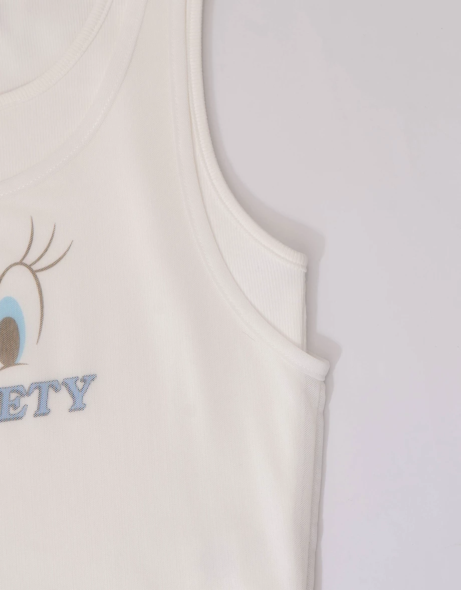 【樂一通】 假兩件印花網紗羅紋短版坦克背心