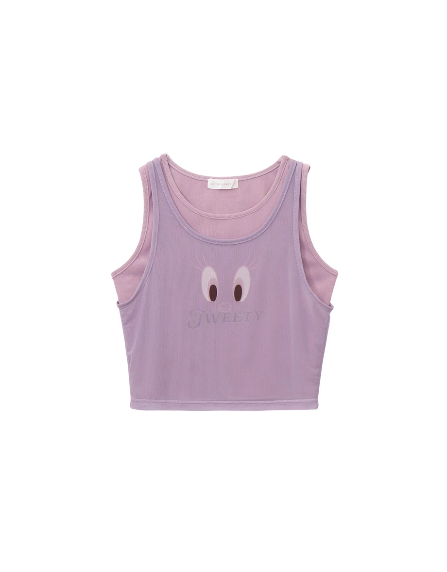 【樂一通】 假兩件印花網紗羅紋短版坦克背心