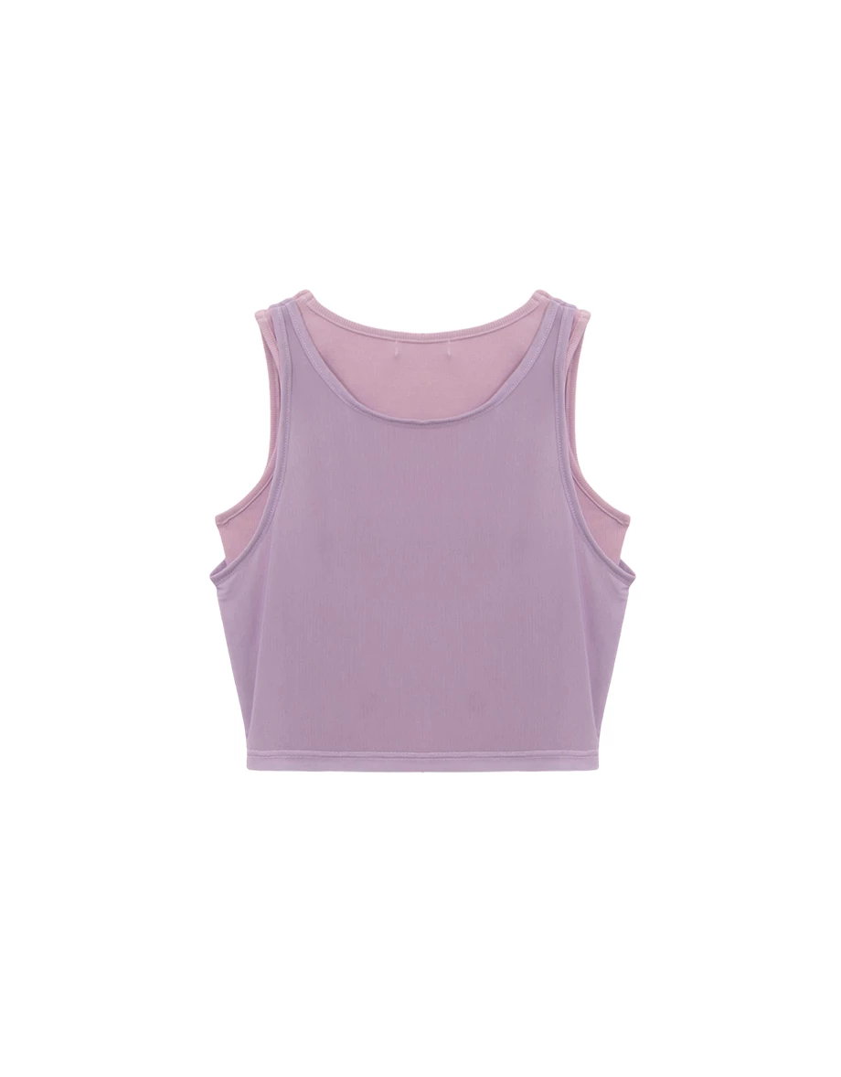 【樂一通】 假兩件印花網紗羅紋短版坦克背心