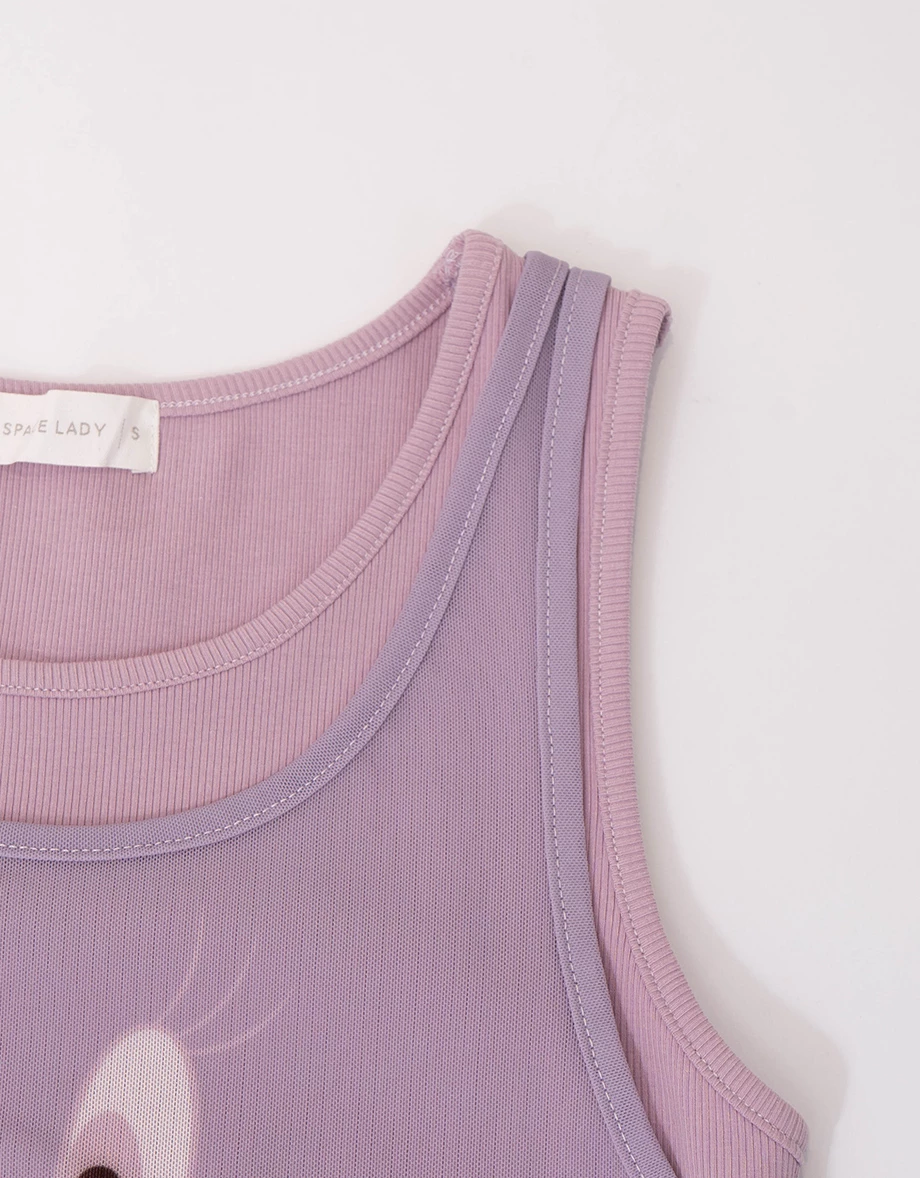 【樂一通】 假兩件印花網紗羅紋短版坦克背心