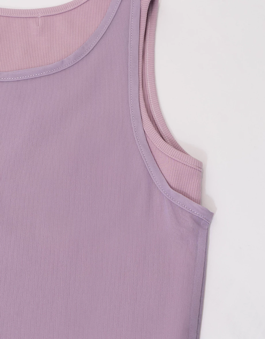 【樂一通】 假兩件印花網紗羅紋短版坦克背心