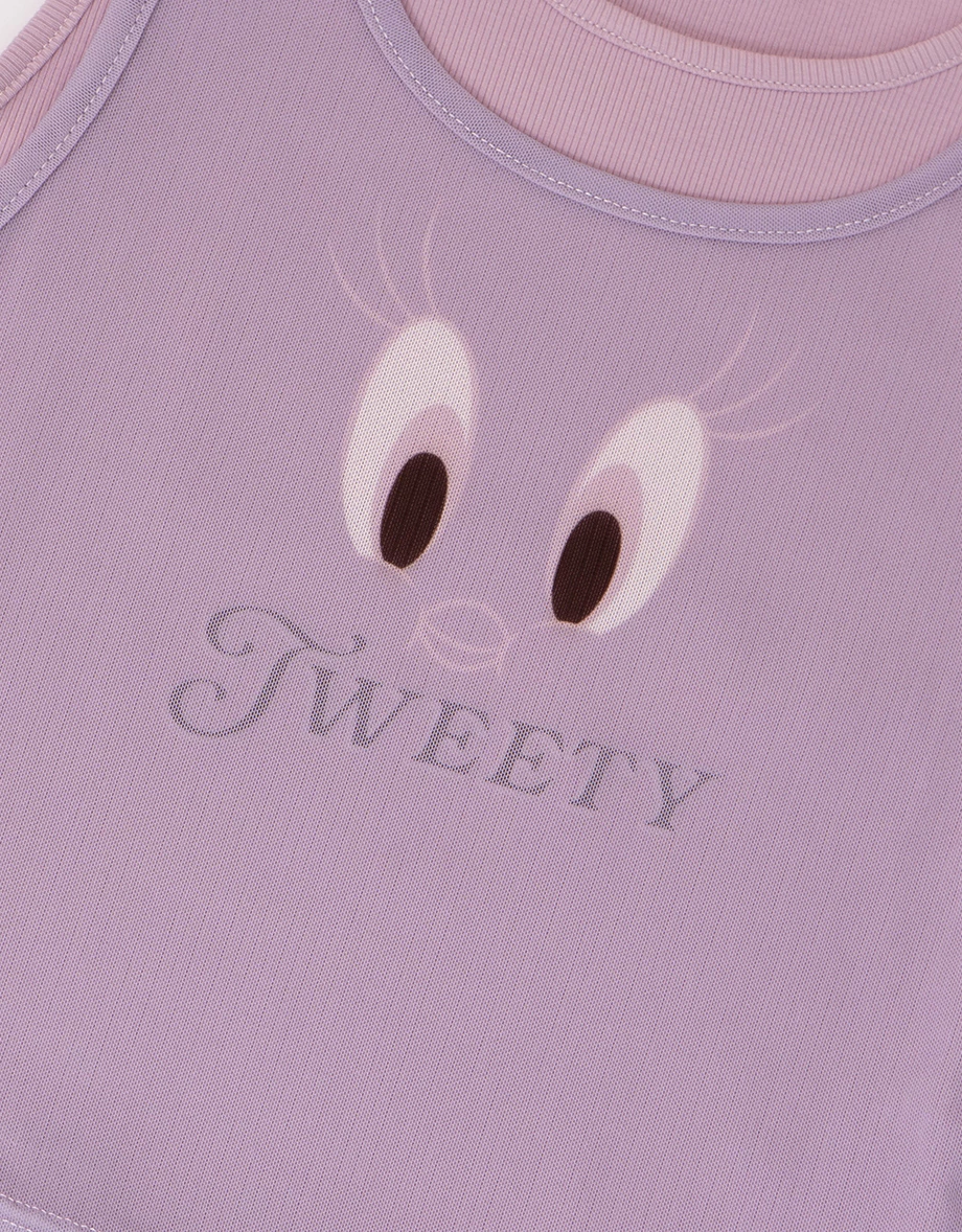 【樂一通】 假兩件印花網紗羅紋短版坦克背心