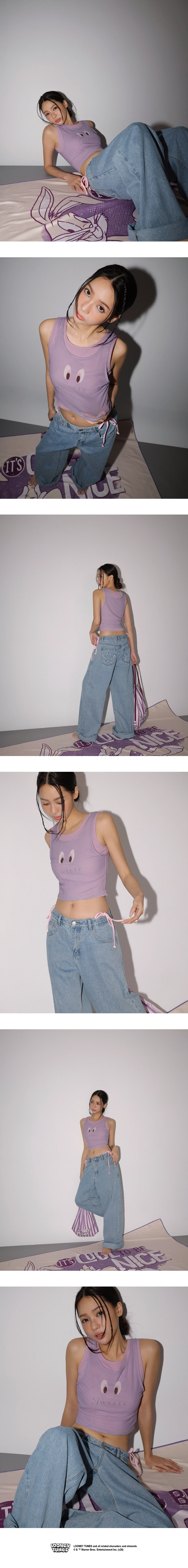 【樂一通】 假兩件印花網紗羅紋短版坦克背心