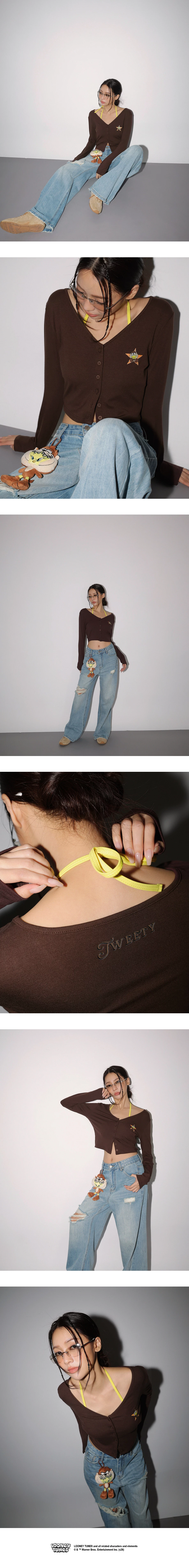 【樂一通】 印花字母V領長袖排扣開襟衫