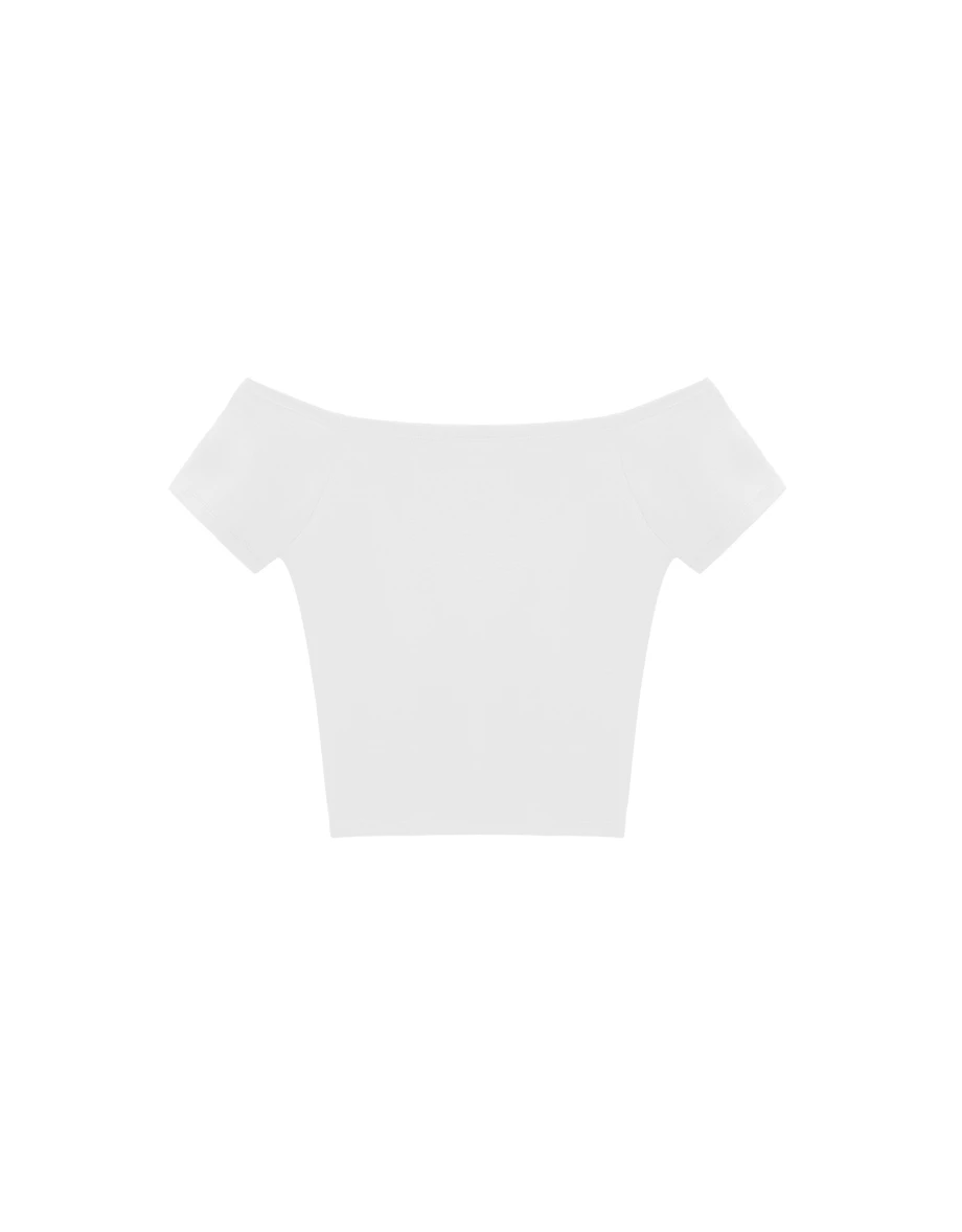 【樂一通】 一字領拉格蘭短袖斑駁印花短版TEE(附胸墊)