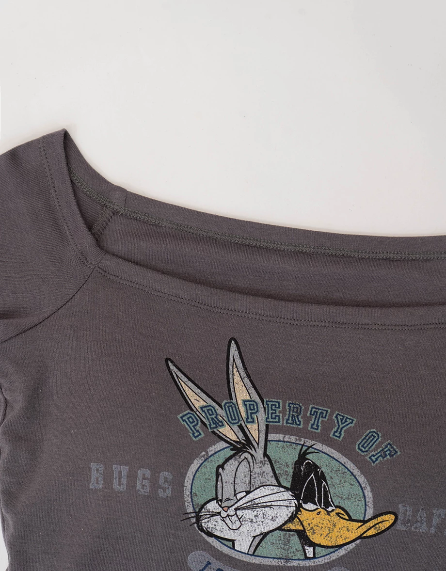 【樂一通】 一字領拉格蘭短袖斑駁印花短版TEE(附胸墊)