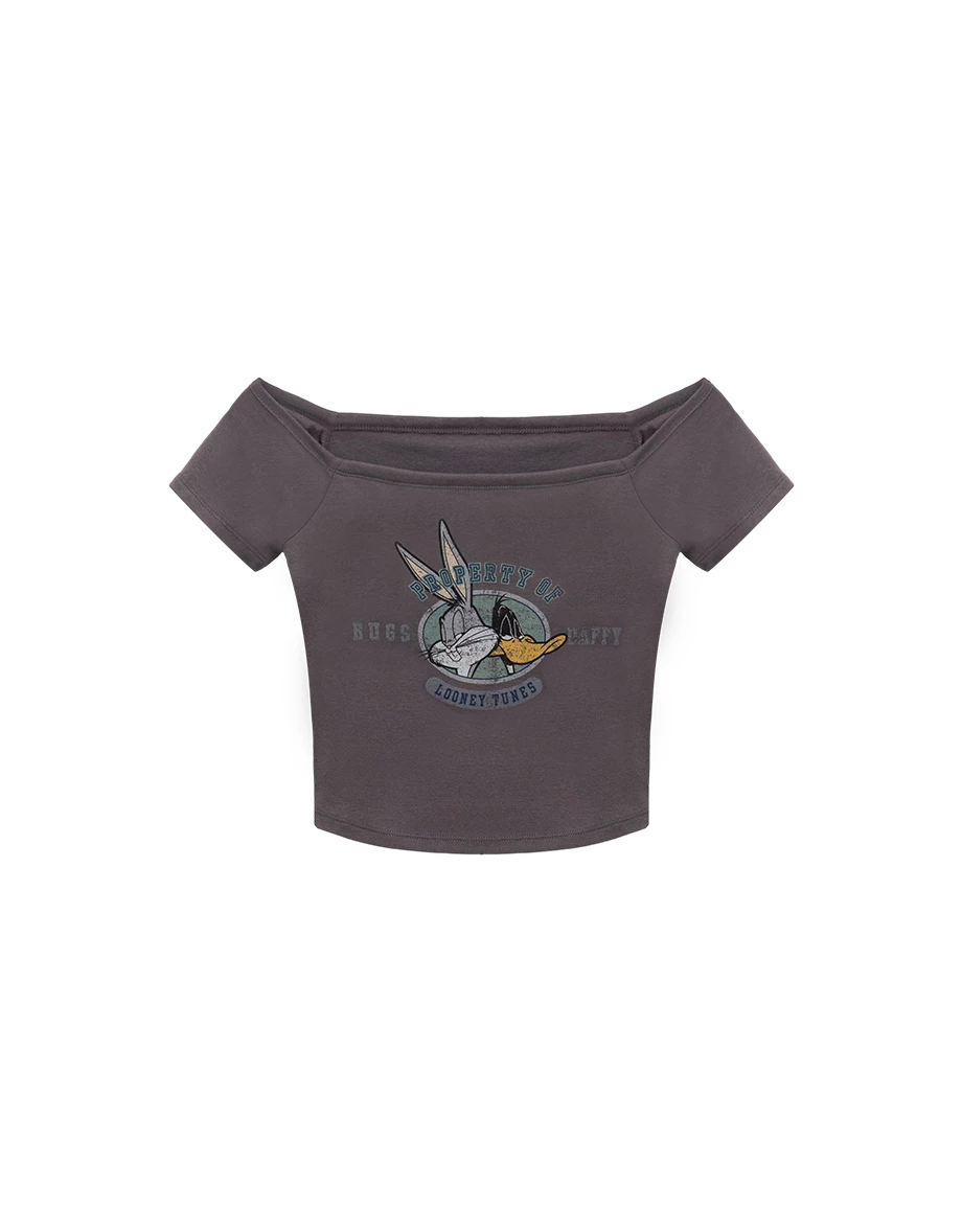 【樂一通】 一字領拉格蘭短袖斑駁印花短版TEE(附胸墊)