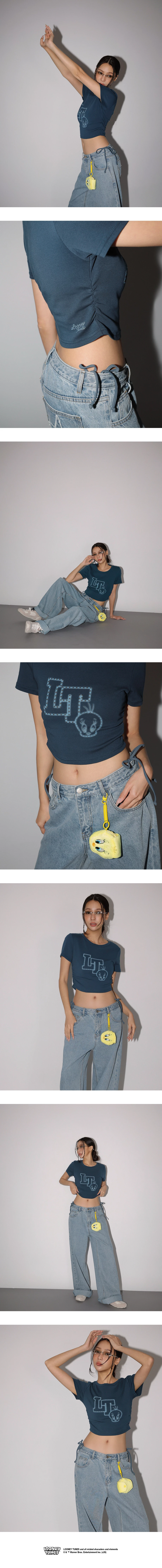 【樂一通】 崔弟款印花鉚釘裝飾圓領側抽皺短袖短版 TEE