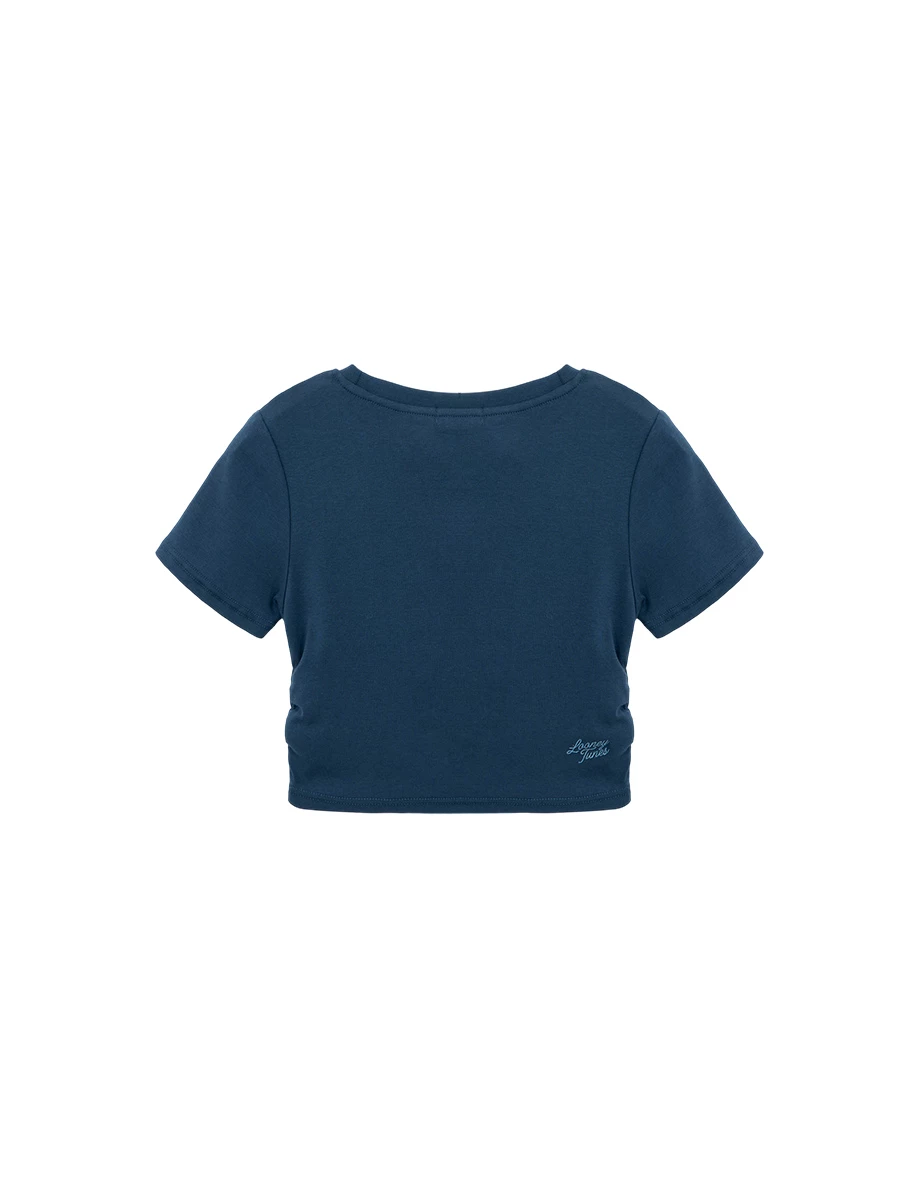 【樂一通】 崔弟款印花鉚釘裝飾圓領側抽皺短袖短版 TEE