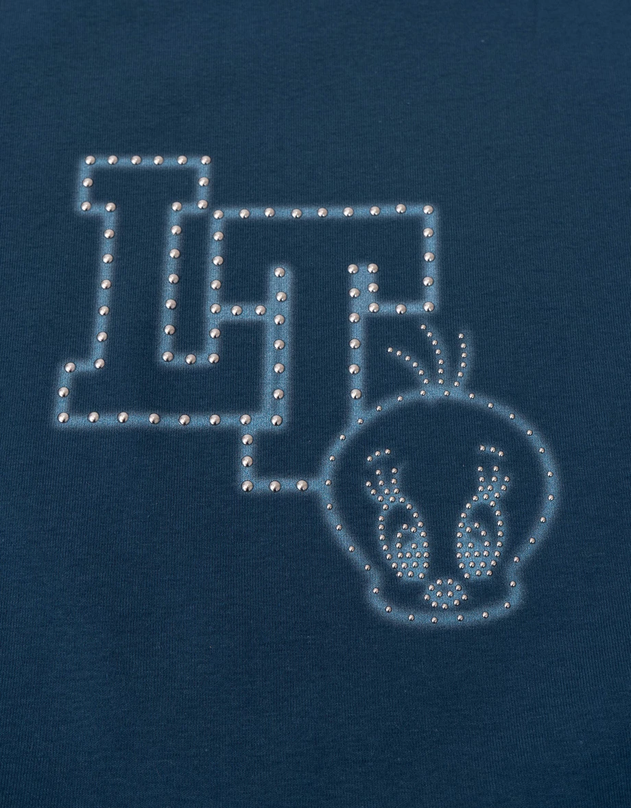 【樂一通】 崔弟款印花鉚釘裝飾圓領側抽皺短袖短版 TEE