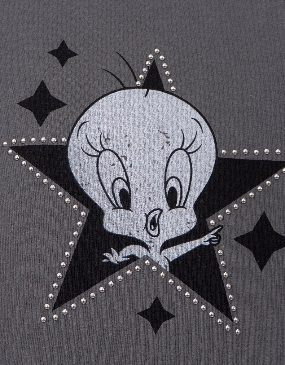 【樂一通】 崔弟款不對稱領印花鉚釘貼布繡短袖長版TEE