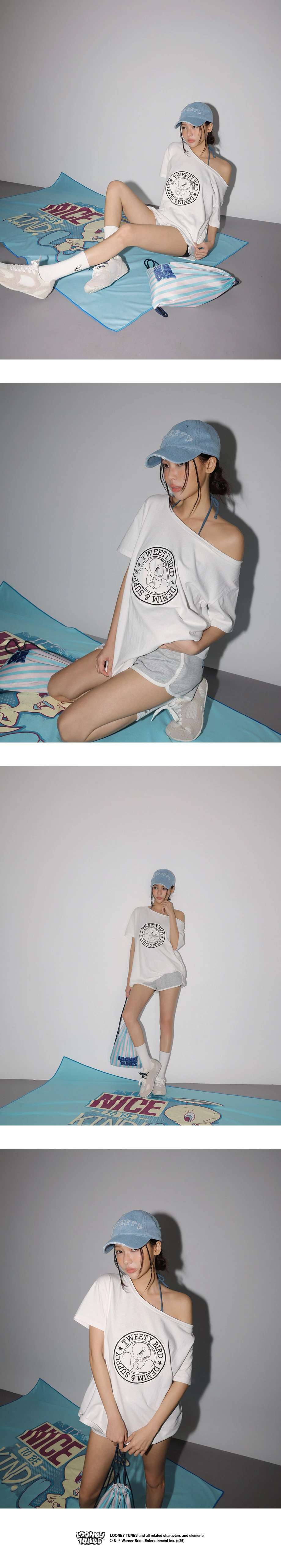 【樂一通】 崔弟款不對稱領印花鉚釘貼布繡短袖長版TEE