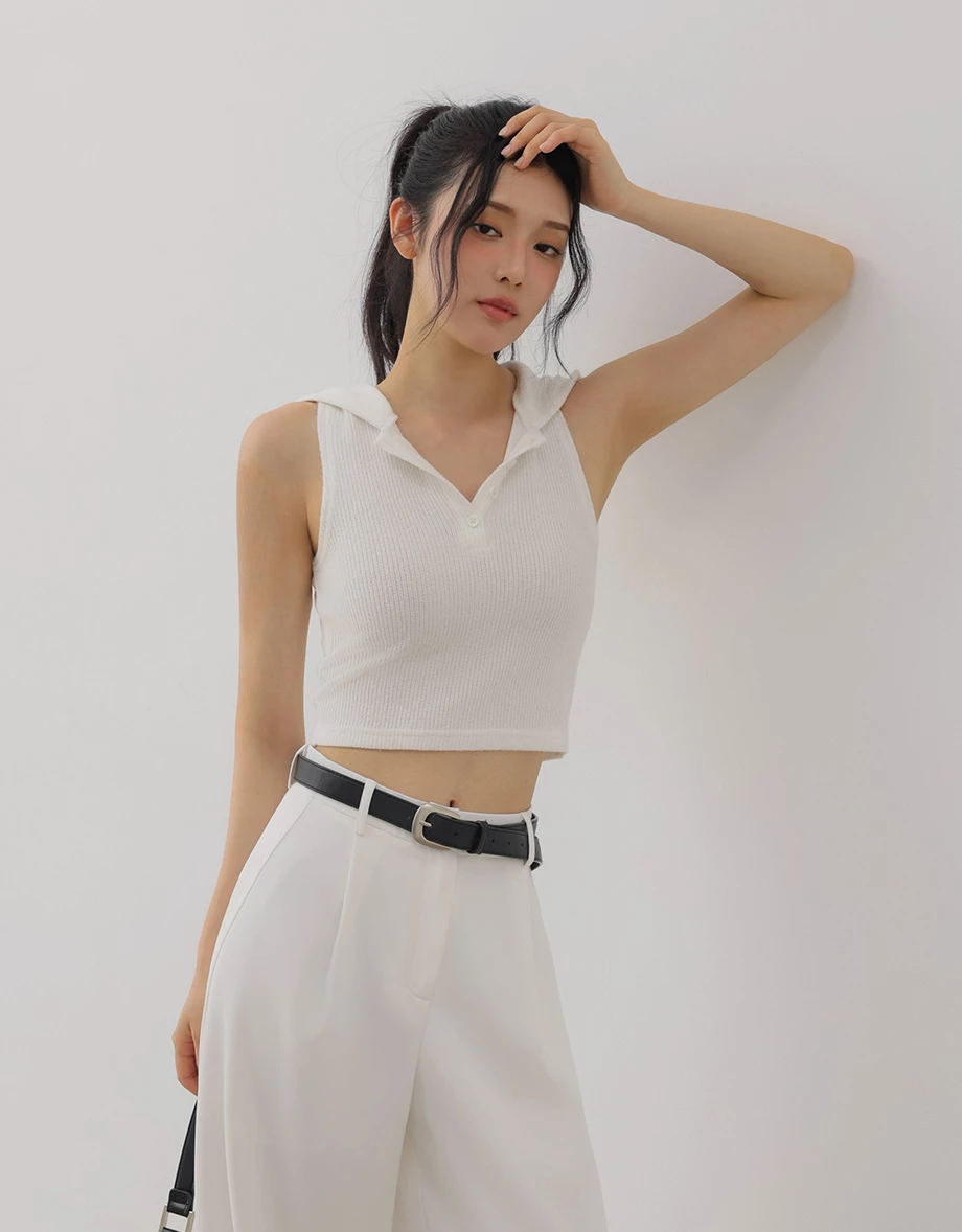 Front Button Placket Ribbed Knit Sleeveless Hooded Top Front Button Placket Ribbed Knit Sleeveless Hooded Top