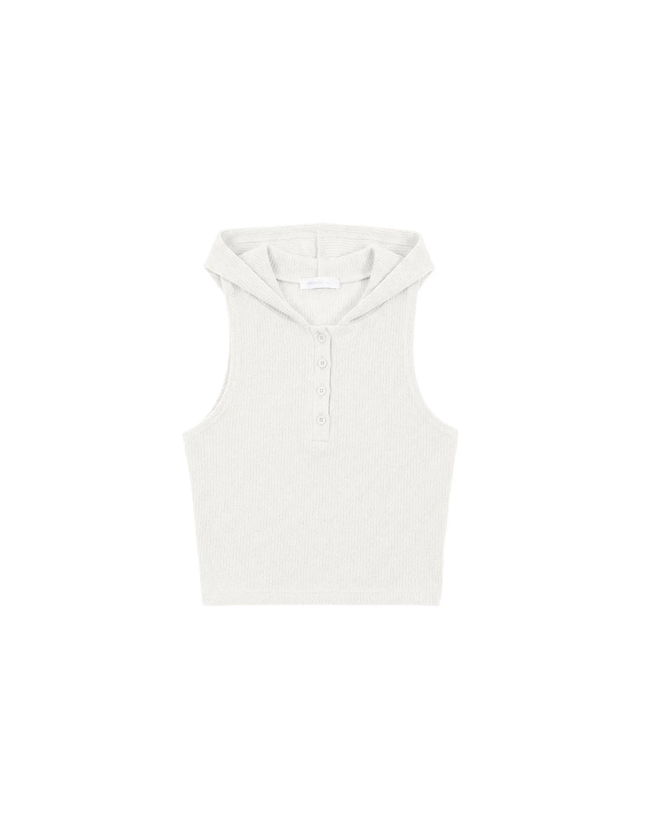 Front Button Placket Ribbed Knit Sleeveless Hooded Top Front Button Placket Ribbed Knit Sleeveless Hooded Top