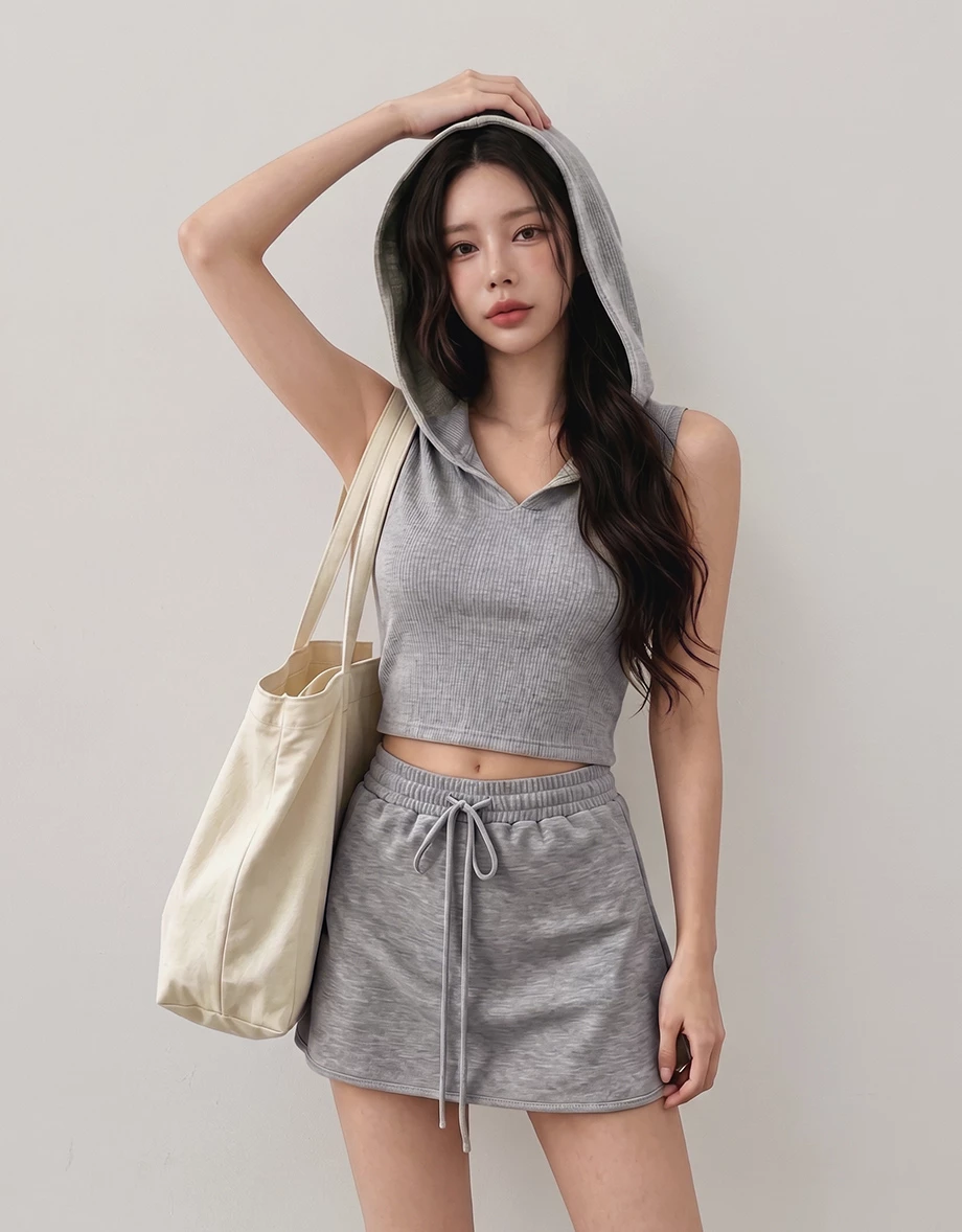 Front Button Placket Ribbed Knit Sleeveless Hooded Top