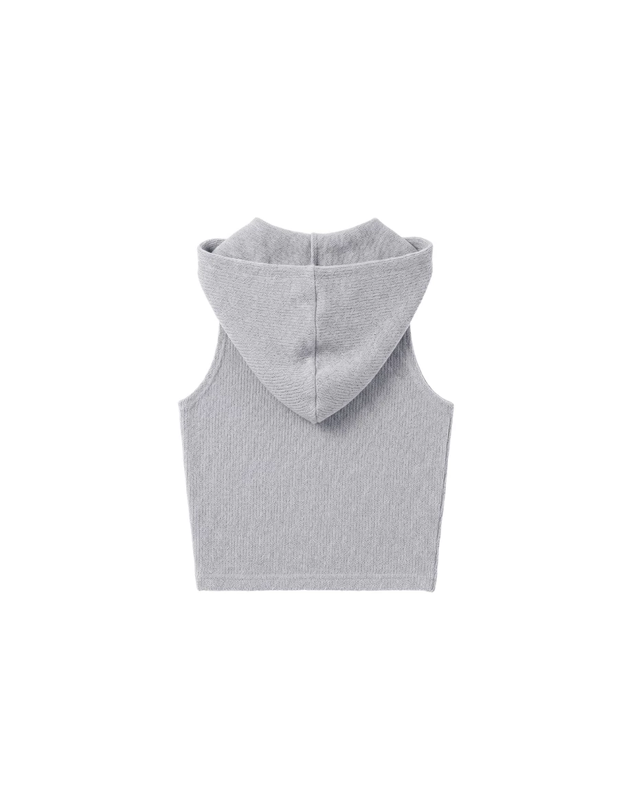 Front Button Placket Ribbed Knit Sleeveless Hooded Top Front Button Placket Ribbed Knit Sleeveless Hooded Top