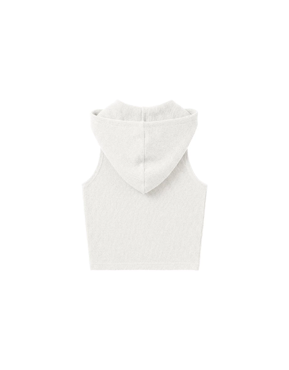 Front Button Placket Ribbed Knit Sleeveless Hooded Top Front Button Placket Ribbed Knit Sleeveless Hooded Top