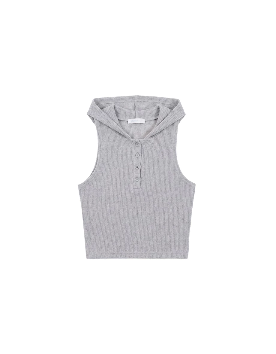 Front Button Placket Ribbed Knit Sleeveless Hooded Top Front Button Placket Ribbed Knit Sleeveless Hooded Top