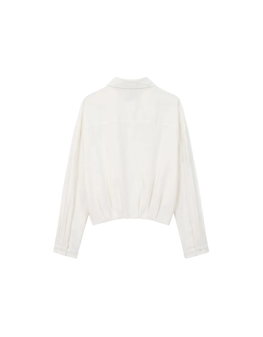 Semi Sheer Ruched Elastic Hemline Cropped Shirt Blouse Semi Sheer Ruched Elastic Hemline Cropped Shirt Blouse
