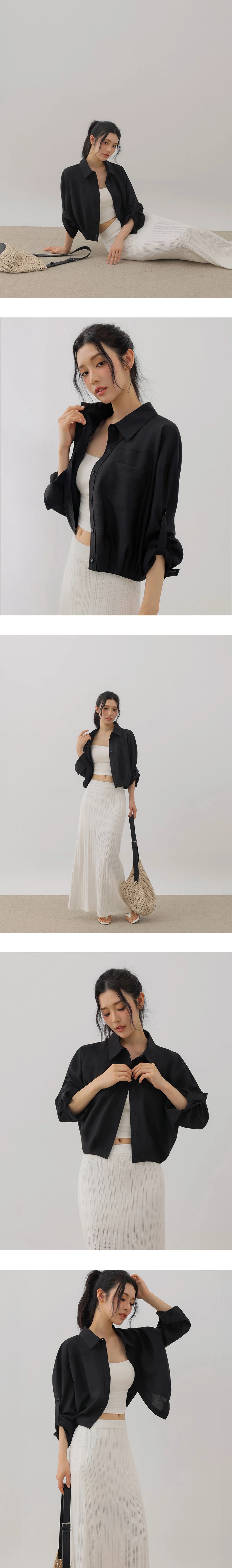 Semi Sheer Ruched Elastic Hemline Cropped Shirt Blouse Semi Sheer Ruched Elastic Hemline Cropped Shirt Blouse
