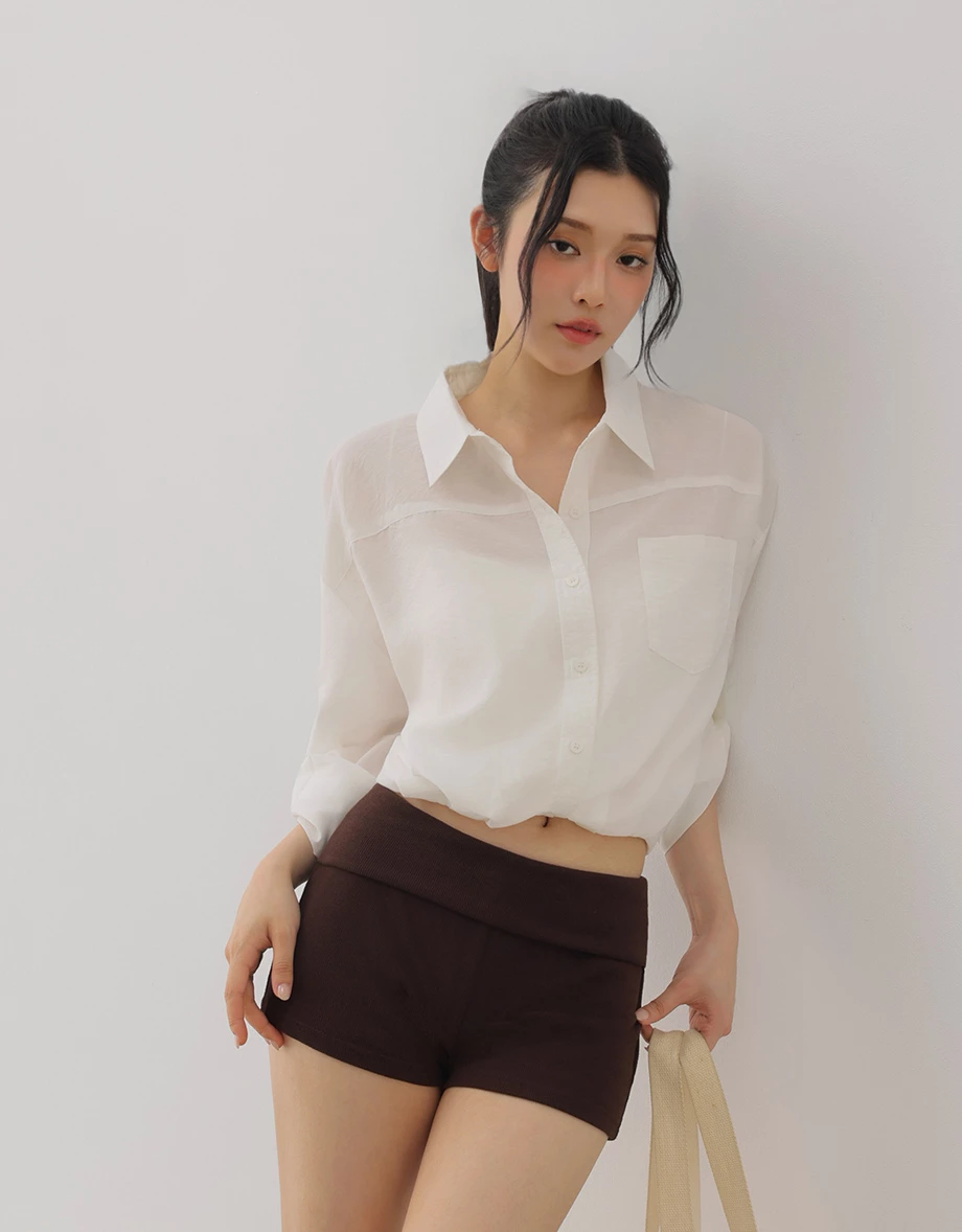 Semi Sheer Ruched Elastic Hemline Cropped Shirt Blouse Semi Sheer Ruched Elastic Hemline Cropped Shirt Blouse