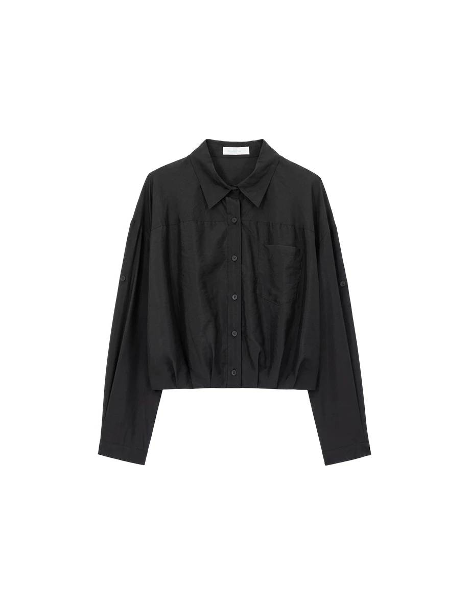 Semi Sheer Ruched Elastic Hemline Cropped Shirt Blouse