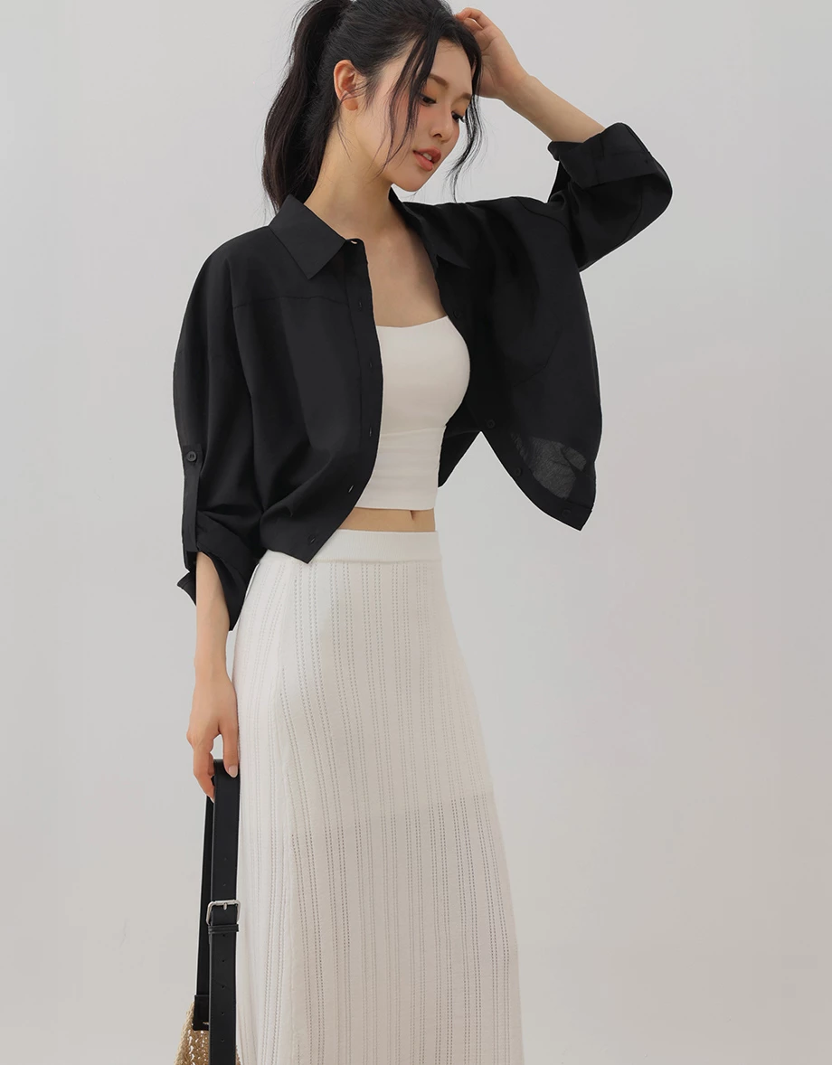 Semi Sheer Ruched Elastic Hemline Cropped Shirt Blouse