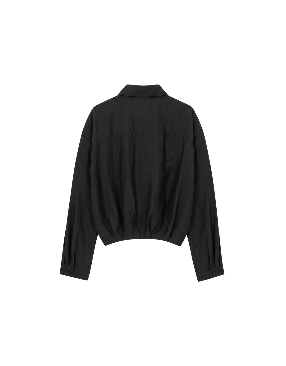Semi Sheer Ruched Elastic Hemline Cropped Shirt Blouse