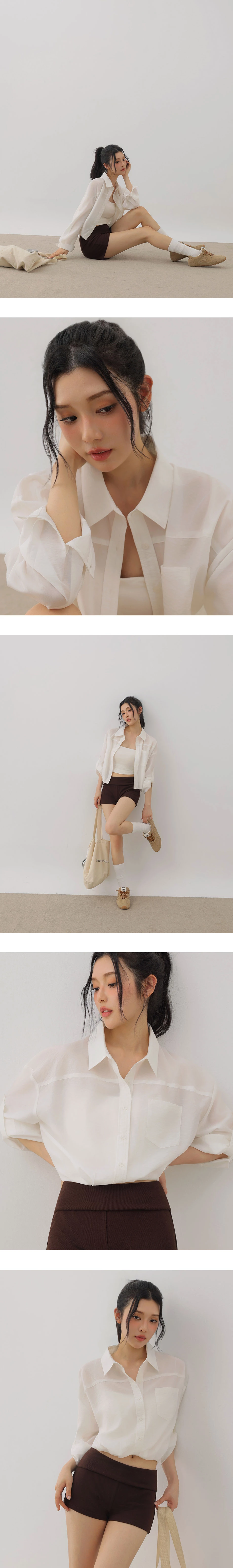Semi Sheer Ruched Elastic Hemline Cropped Shirt Blouse Semi Sheer Ruched Elastic Hemline Cropped Shirt Blouse