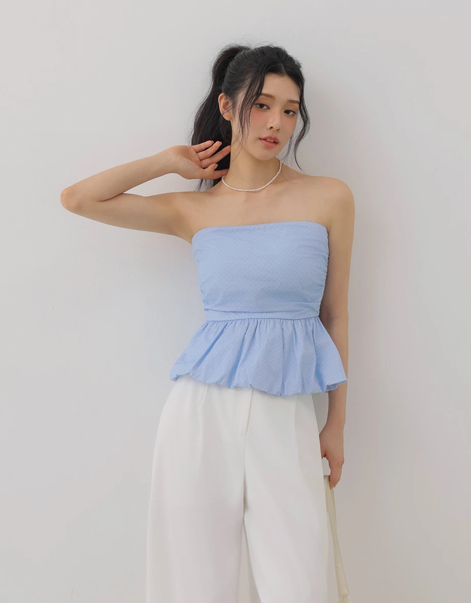 Ruched Waistband Polka Dot Peplum Hem Padded Tube Top