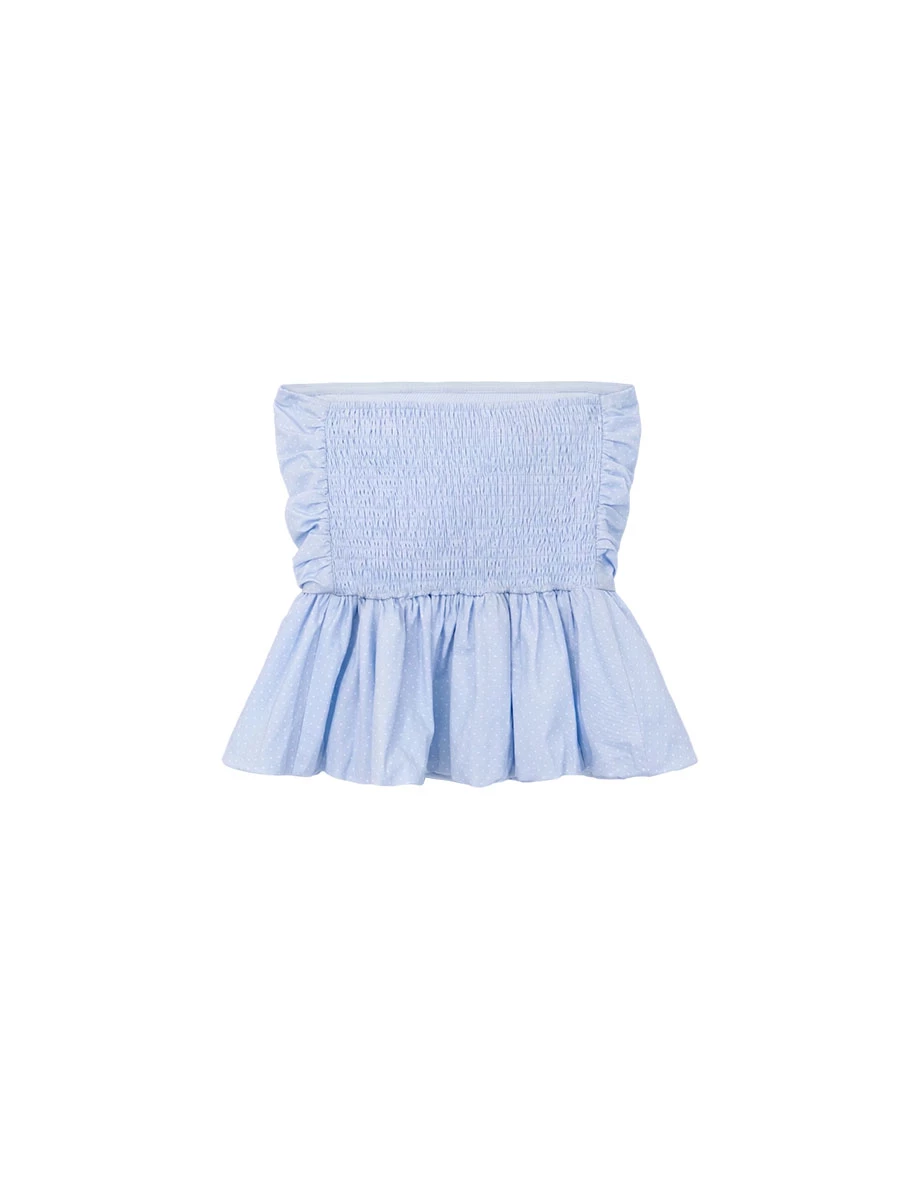 Ruched Waistband Polka Dot Peplum Hem Padded Tube Top