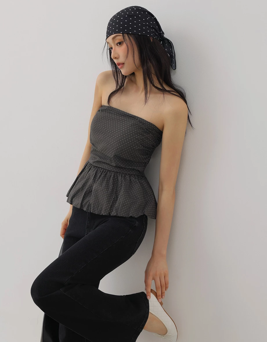 Ruched Waistband Polka Dot Peplum Hem Padded Tube Top