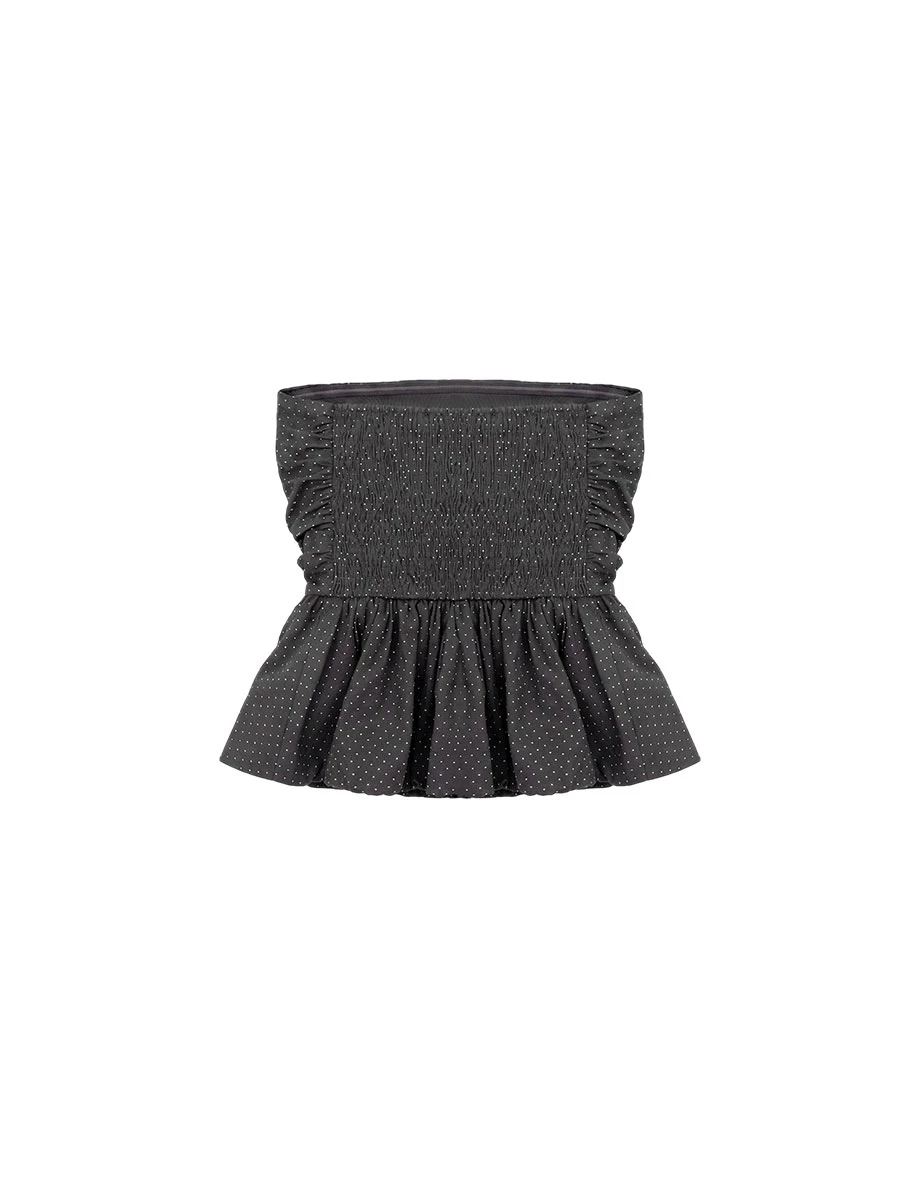 Ruched Waistband Polka Dot Peplum Hem Padded Tube Top