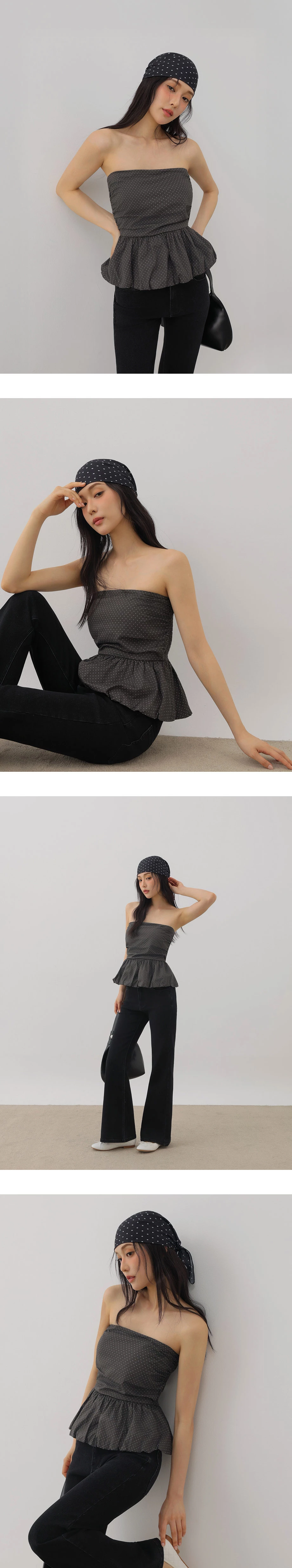 Ruched Waistband Polka Dot Peplum Hem Padded Tube Top