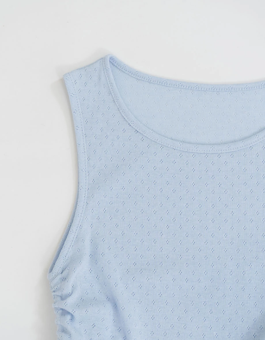 Side Ruched Drawstring Eyelet Knit Sleeveless Tank Top (Striped/Jacquard) Side Ruched Drawstring Eyelet Knit Sleeveless Tank Top (Striped/Jacquard)
