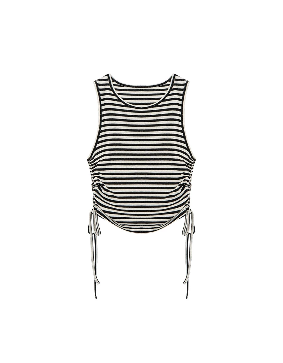 Side Ruched Drawstring Eyelet Knit Sleeveless Tank Top (Striped/Jacquard) Side Ruched Drawstring Eyelet Knit Sleeveless Tank Top (Striped/Jacquard)