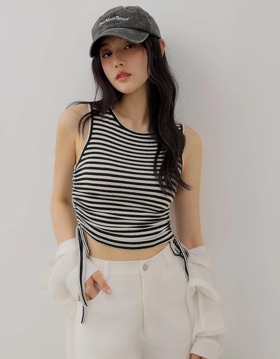 Side Ruched Drawstring Eyelet Knit Sleeveless Tank Top (Striped/Jacquard)