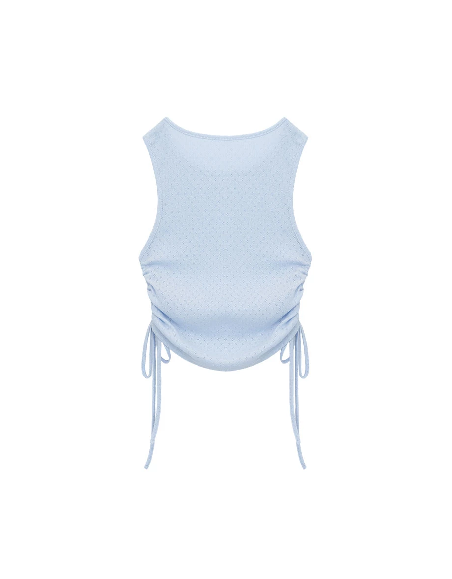 Side Ruched Drawstring Eyelet Knit Sleeveless Tank Top (Striped/Jacquard) Side Ruched Drawstring Eyelet Knit Sleeveless Tank Top (Striped/Jacquard)