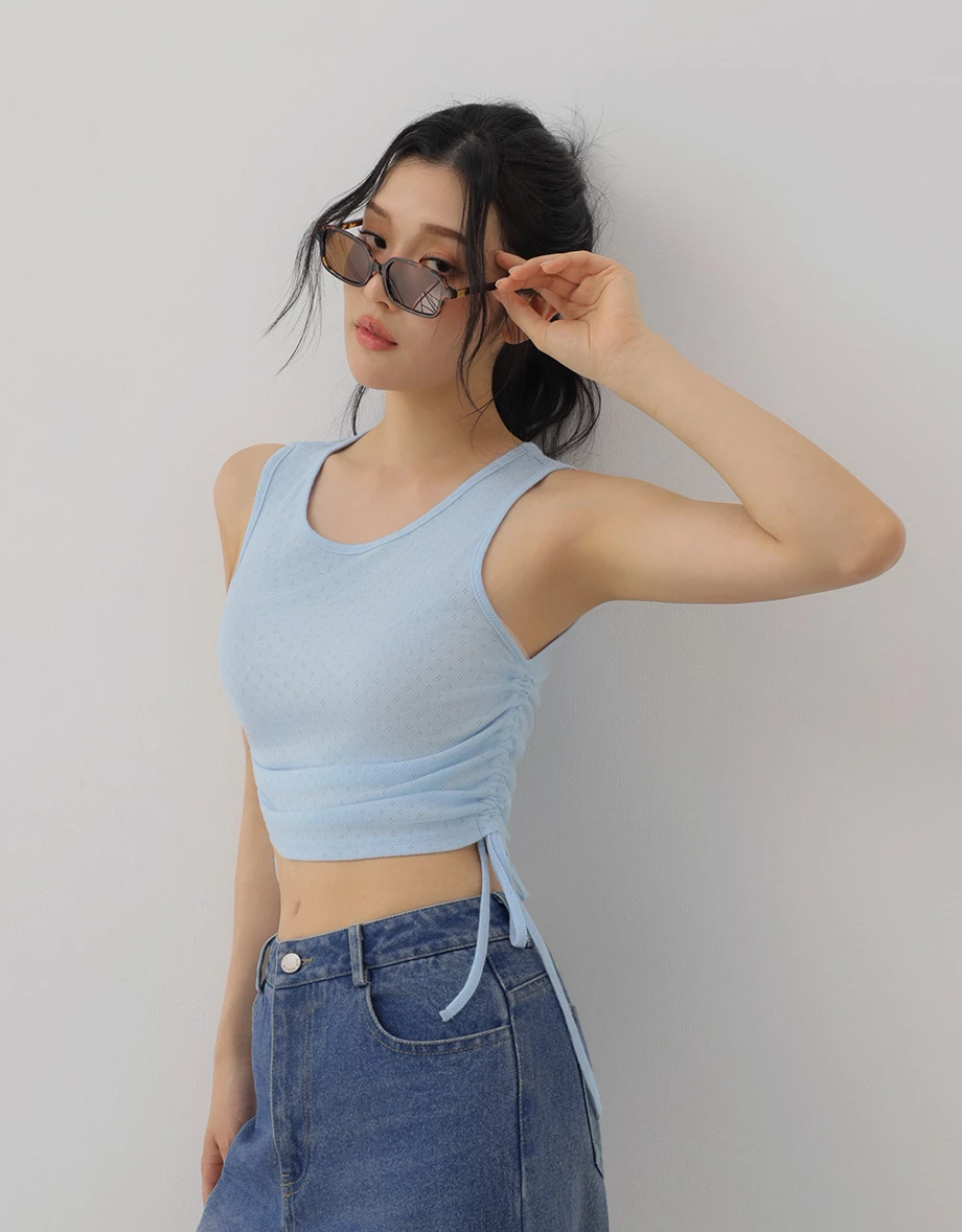 Side Ruched Drawstring Eyelet Knit Sleeveless Tank Top (Striped/Jacquard) Side Ruched Drawstring Eyelet Knit Sleeveless Tank Top (Striped/Jacquard)