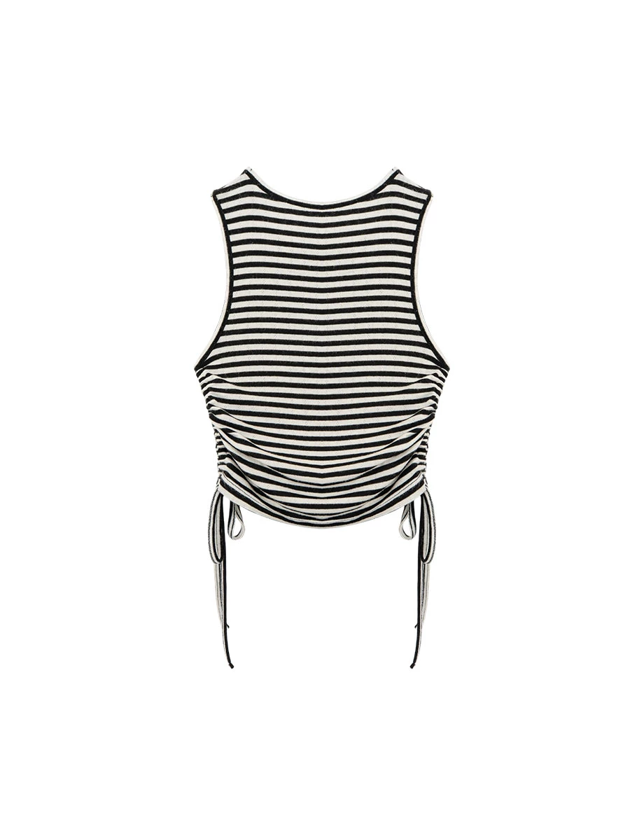 Side Ruched Drawstring Eyelet Knit Sleeveless Tank Top (Striped/Jacquard) Side Ruched Drawstring Eyelet Knit Sleeveless Tank Top (Striped/Jacquard)