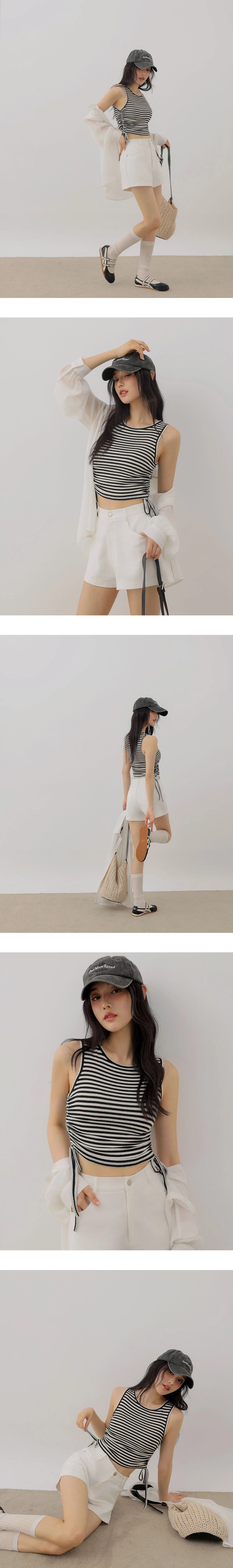 Side Ruched Drawstring Eyelet Knit Sleeveless Tank Top (Striped/Jacquard) Side Ruched Drawstring Eyelet Knit Sleeveless Tank Top (Striped/Jacquard)