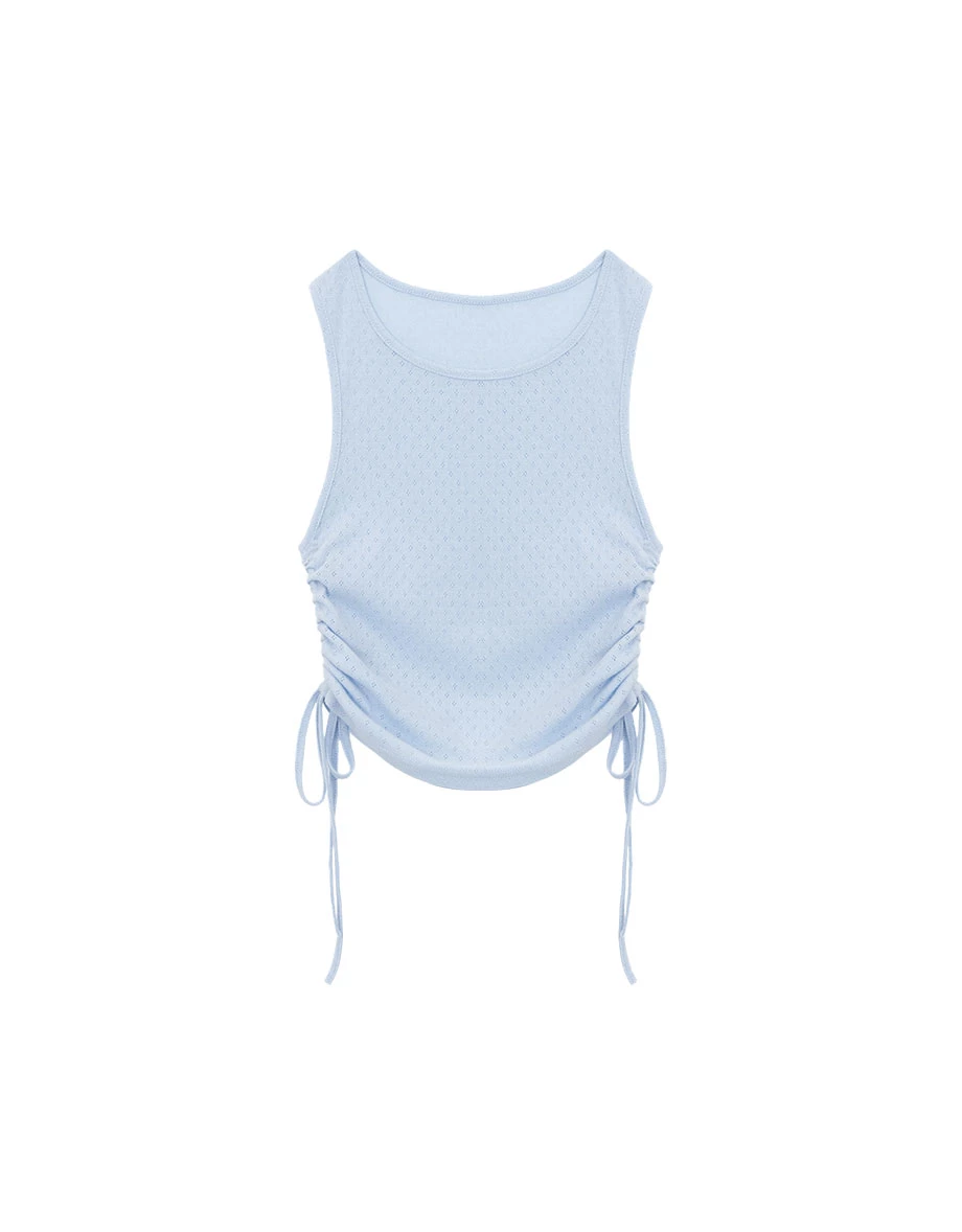 Side Ruched Drawstring Eyelet Knit Sleeveless Tank Top (Striped/Jacquard)